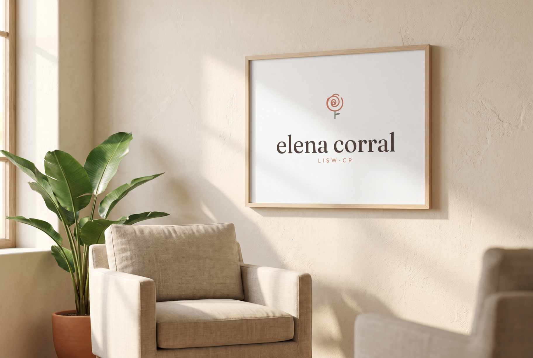 Elena Corral, LISW-CP — framed brand mark in a warm, sunlit therapy room