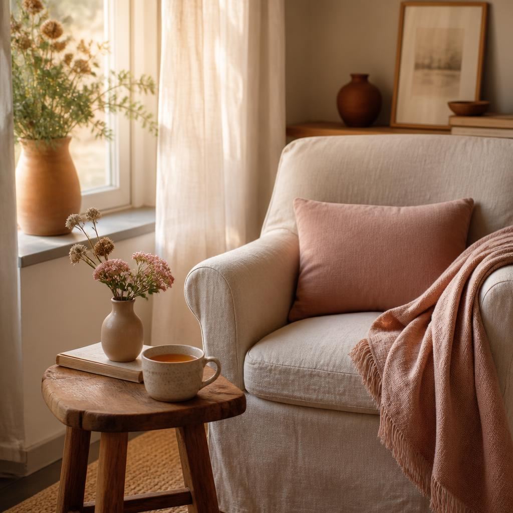 A linen armchair with a blush throw, a cup of tea and flowers by a window